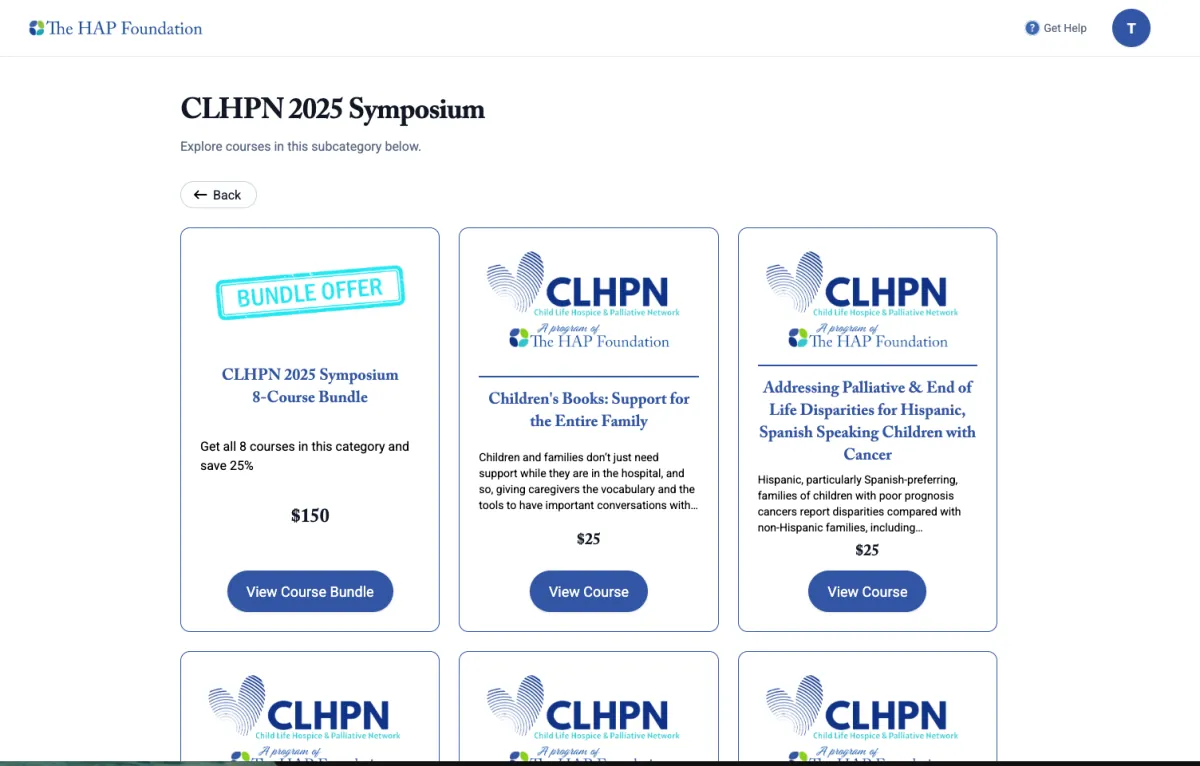 The HAP Foundation course catalogue, listing the courses in a symposium alongside a discounted bundle.