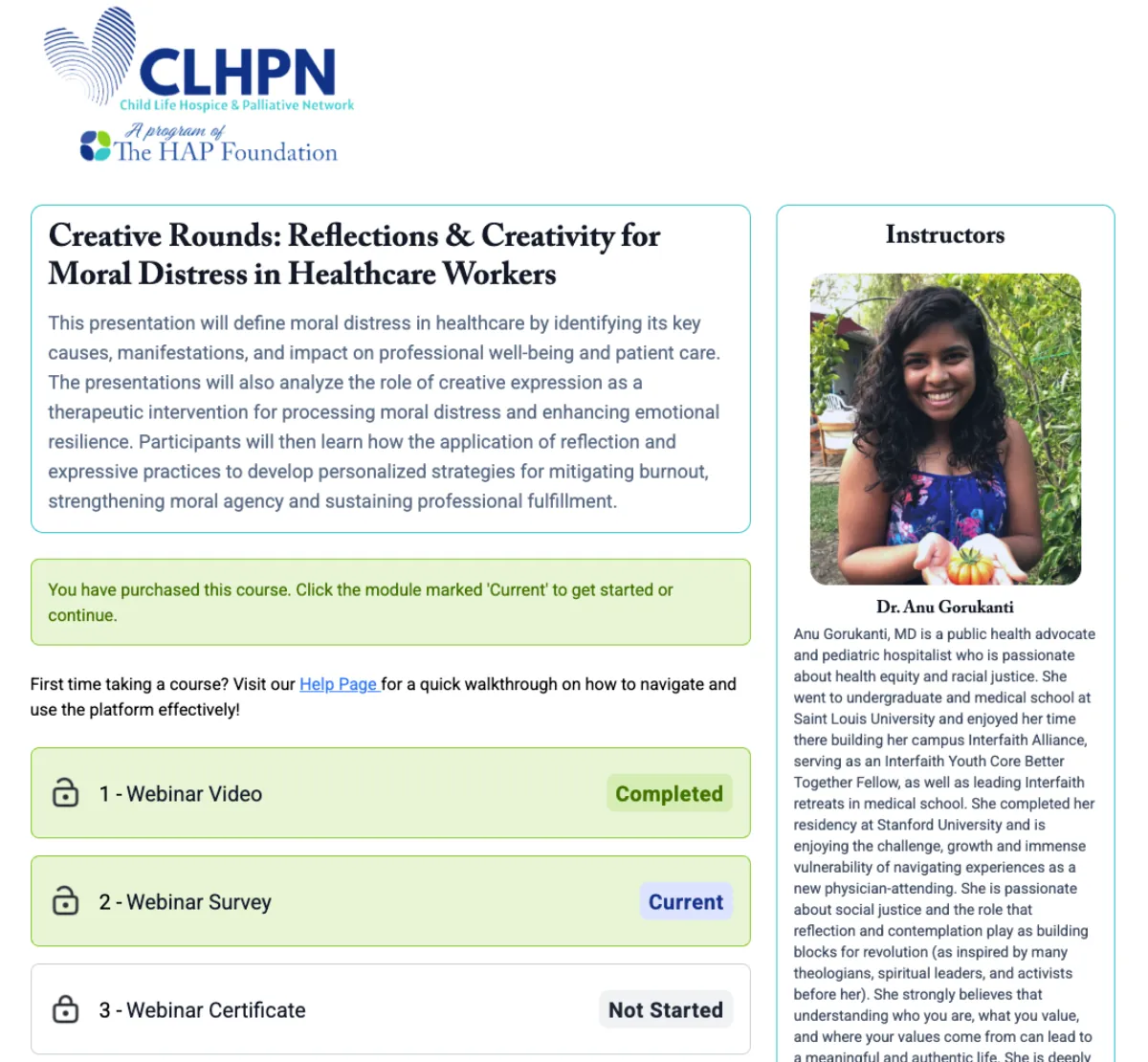 A course page on the HAP Foundation LMS, showing the description, the learner's progress through the webinar, survey and certificate, and the instructor's biography.