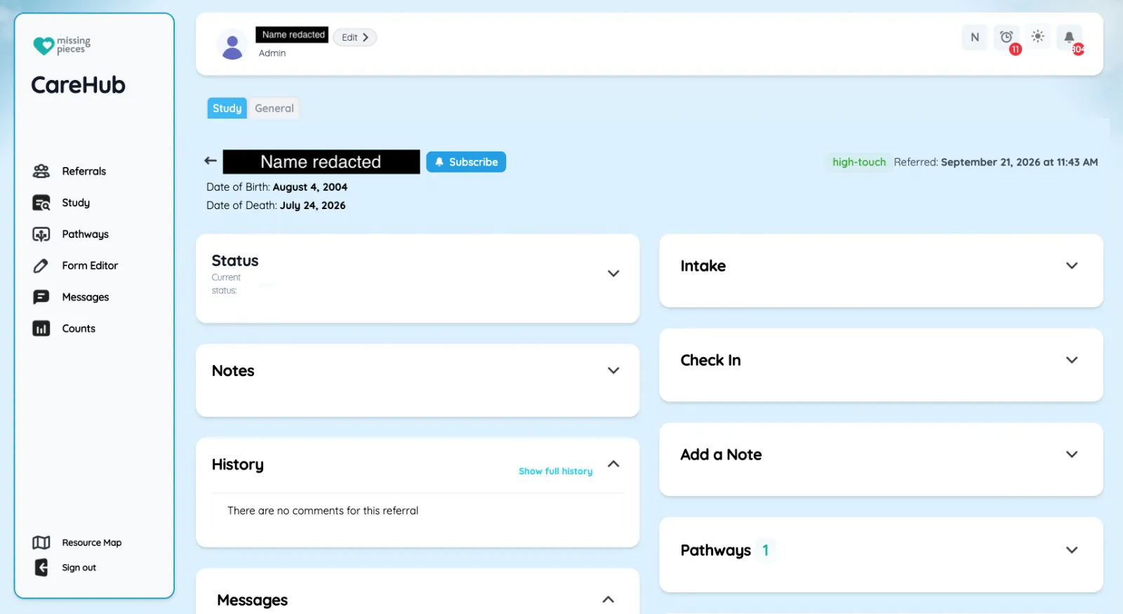A CareHub referral record, showing a family's status, intake, notes, history and care pathways on one screen.