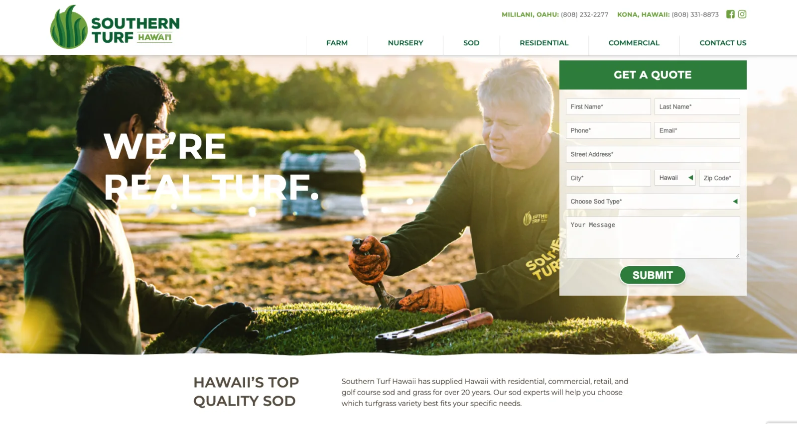 The Southern Turf Hawaiʻi home page: a photograph of two workers cutting sod at the farm, with a quote request form alongside it.